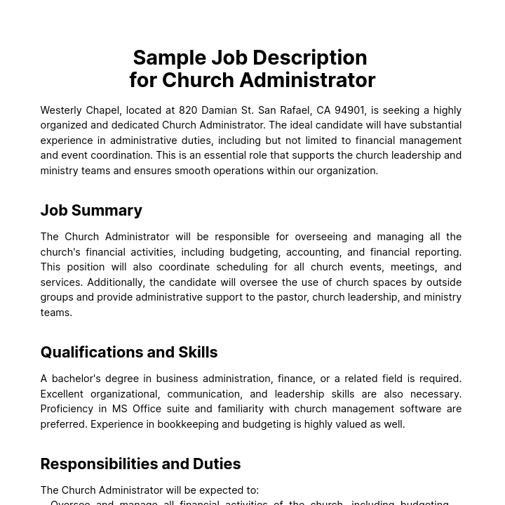 Sample Job Description for Church Administrator Template