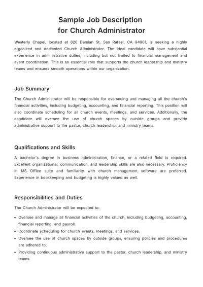 Free Sample Job Description for Church Administrator Template to Edit Online