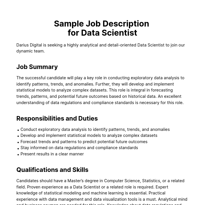Sample Job Description for Data Scientist Template