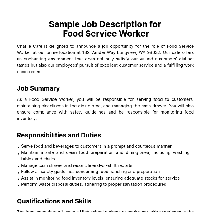 Sample Job Description for Food Service Worker Template