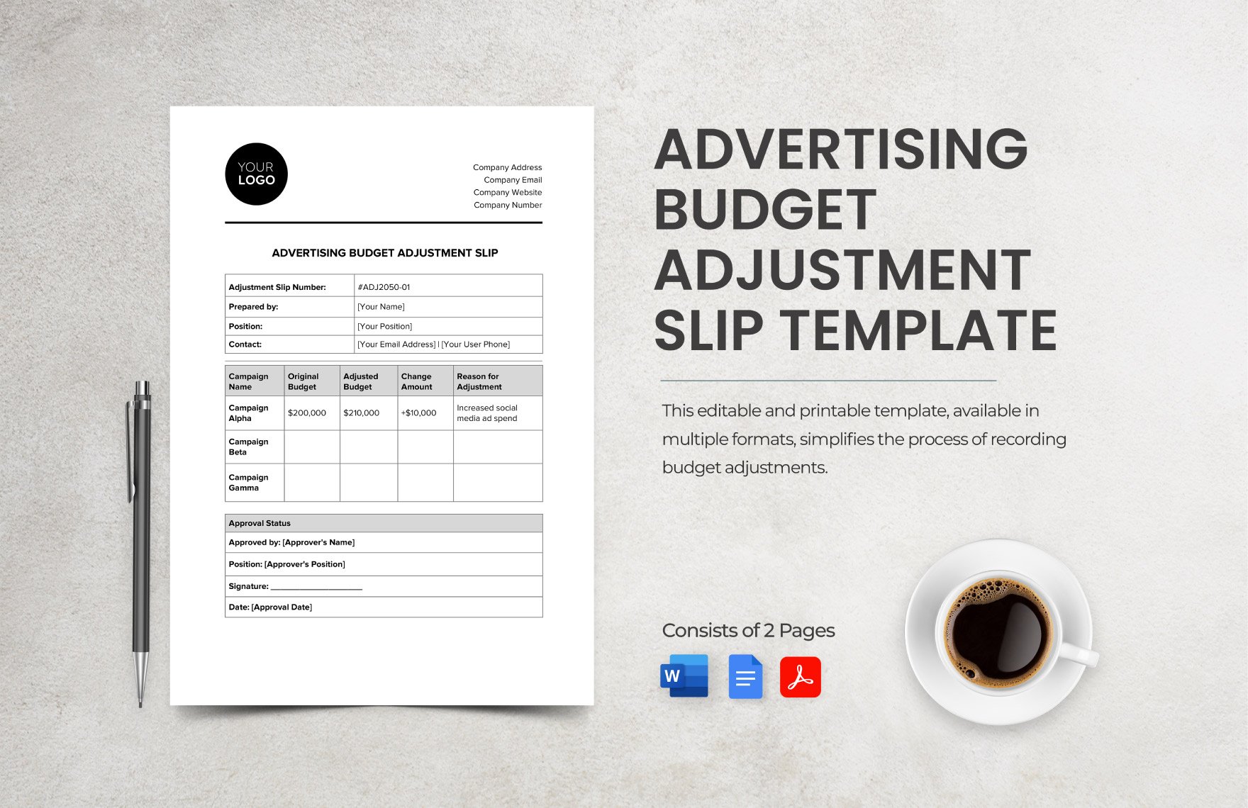 Advertising Budget Adjustment Slip Template in Word, Google Docs, PDF