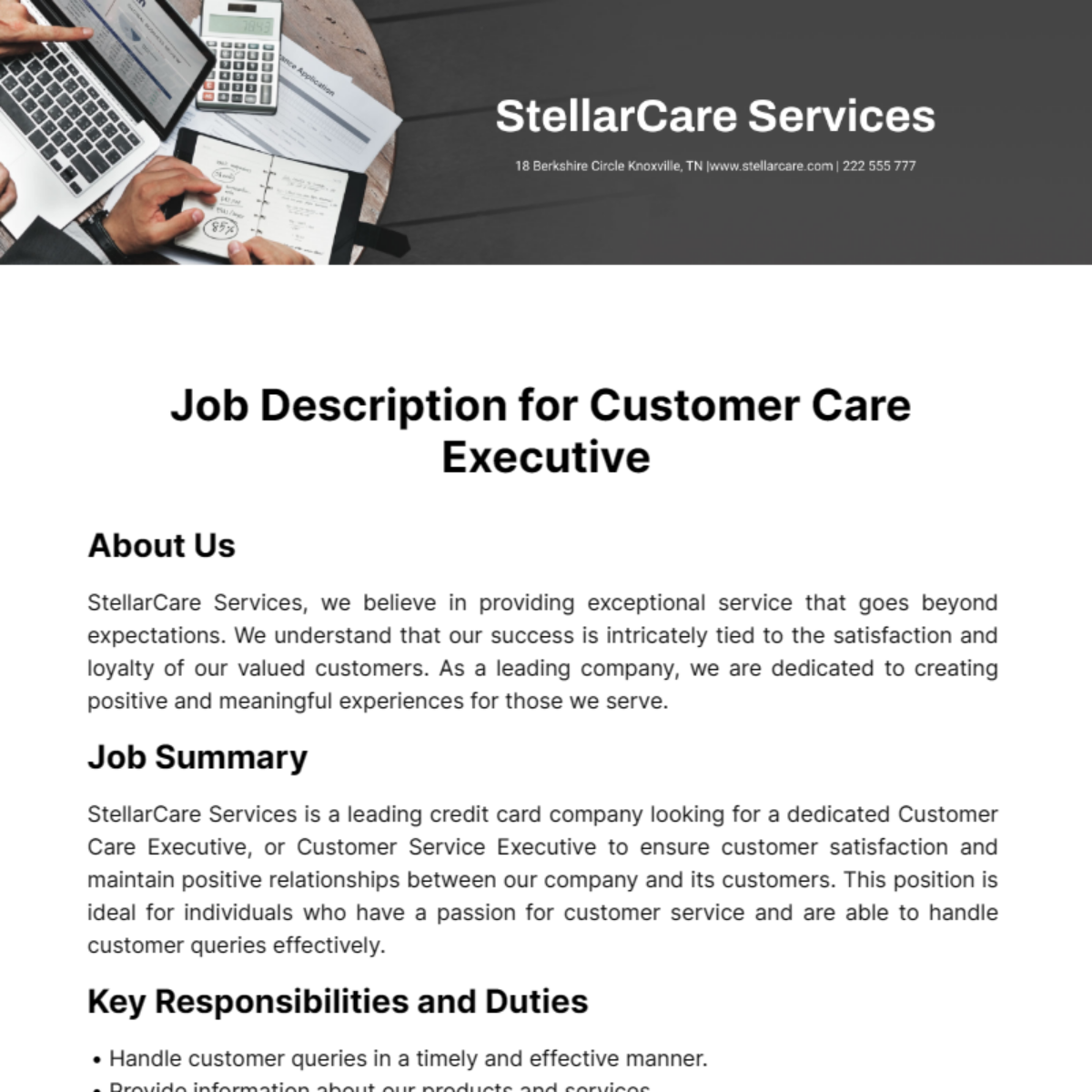 Job Description for Customer Care Executive Template