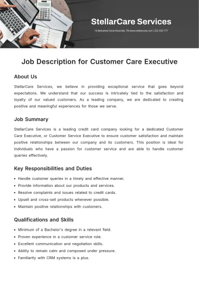 Free Job Description for Customer Care Executive Template to Edit Online