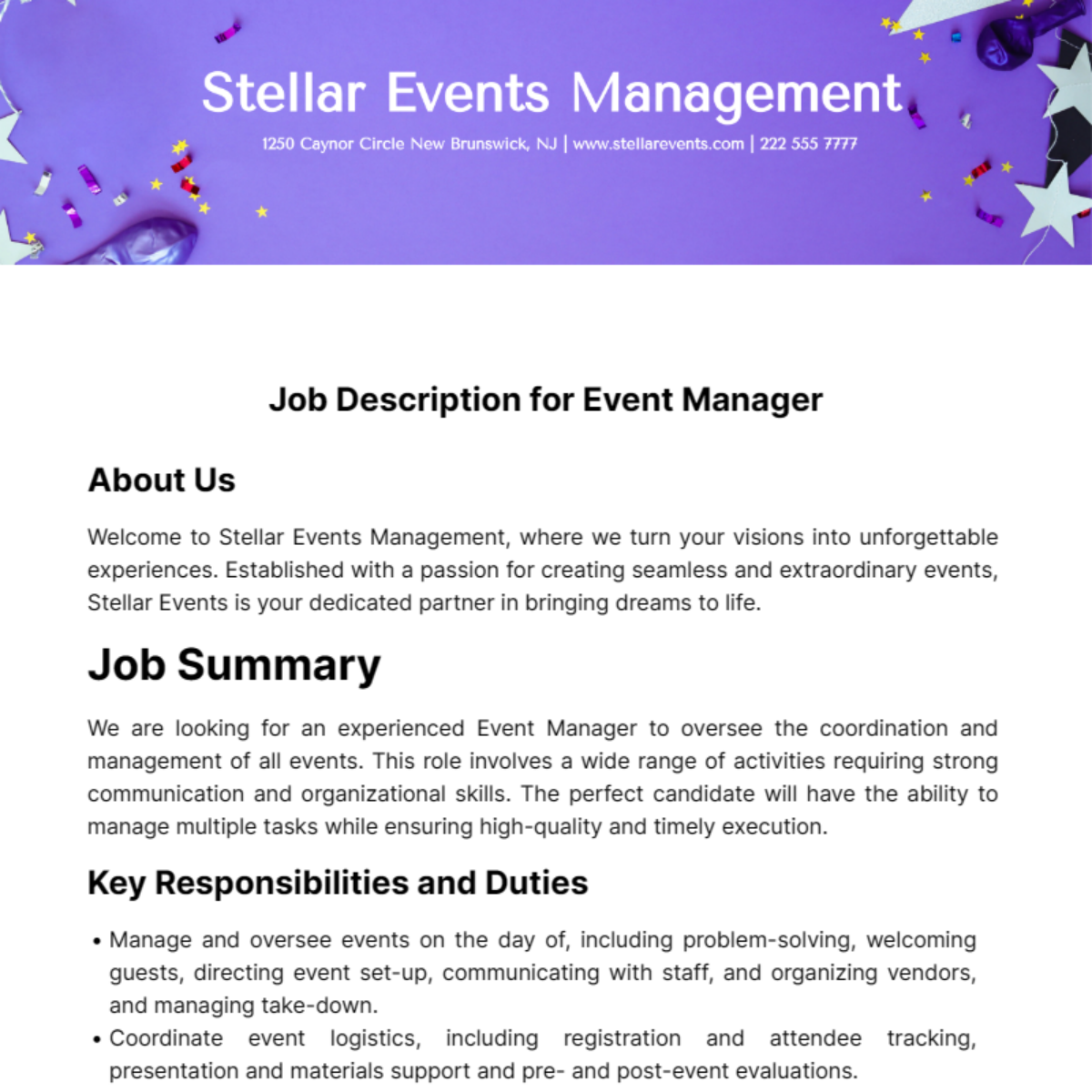 Job Description for Event Manager Template