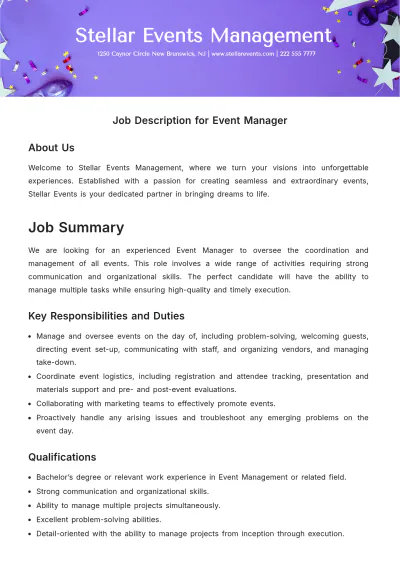 Free Job Description for Event Manager Template to Edit Online