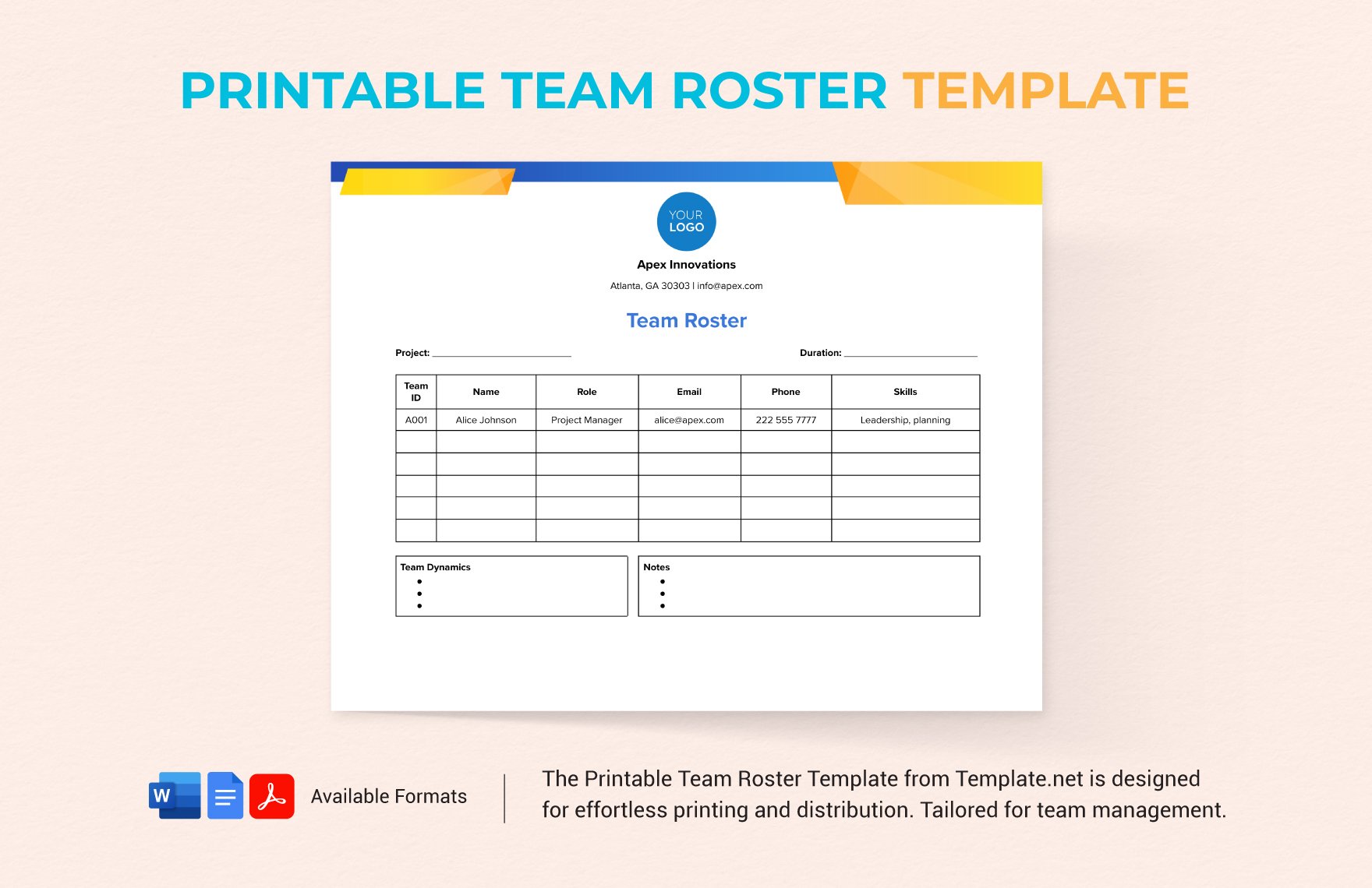 Printable Team Roster Template