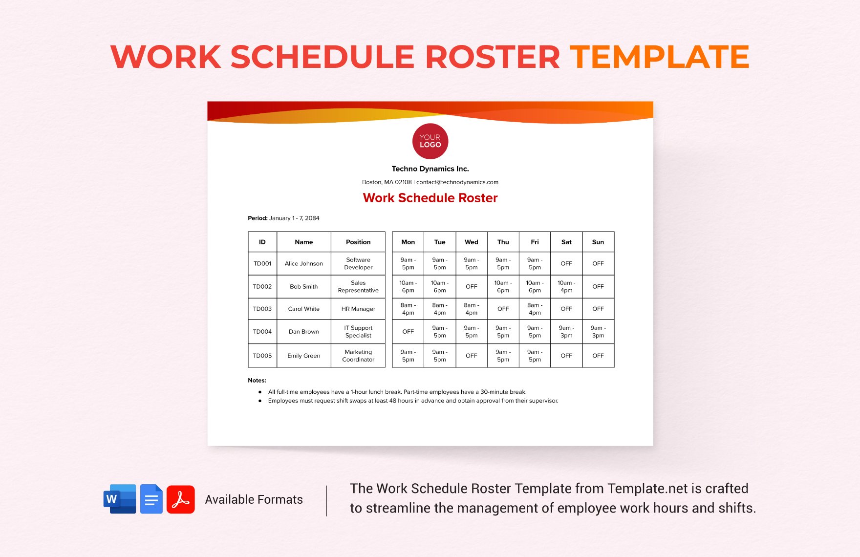 Work Schedule Roster Template