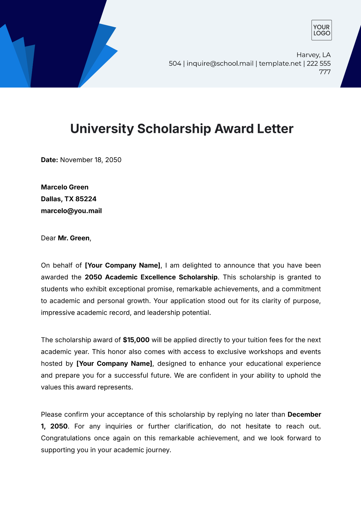 University Scholarship Award Letter Template - Edit Online & Download