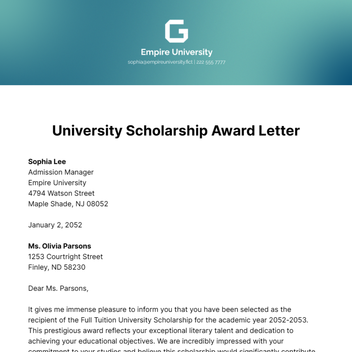 University Scholarship Award Letter Template
