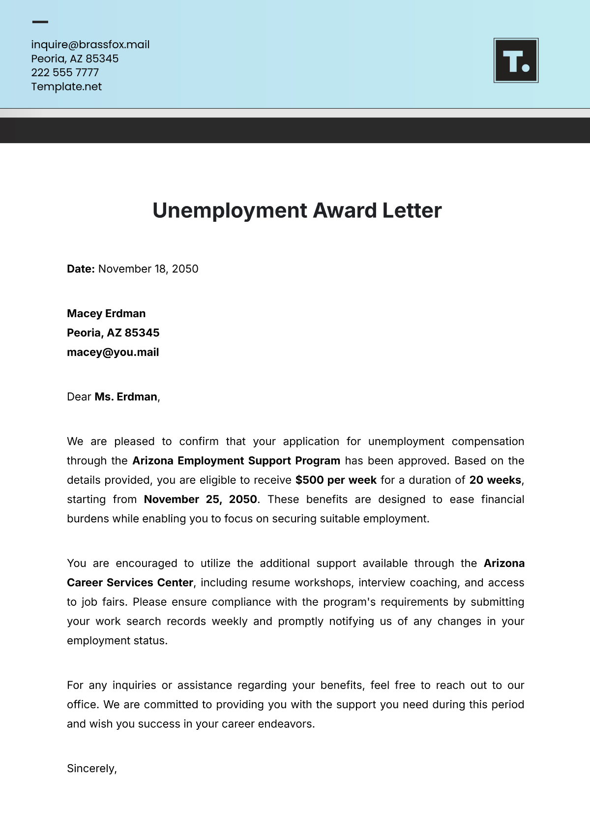 Unemployment Award Letter Template - Edit Online & Download