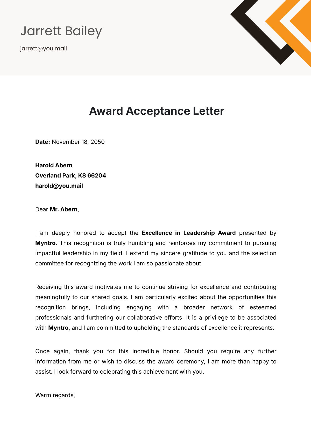 Award Acceptance Letter Template - Edit Online & Download