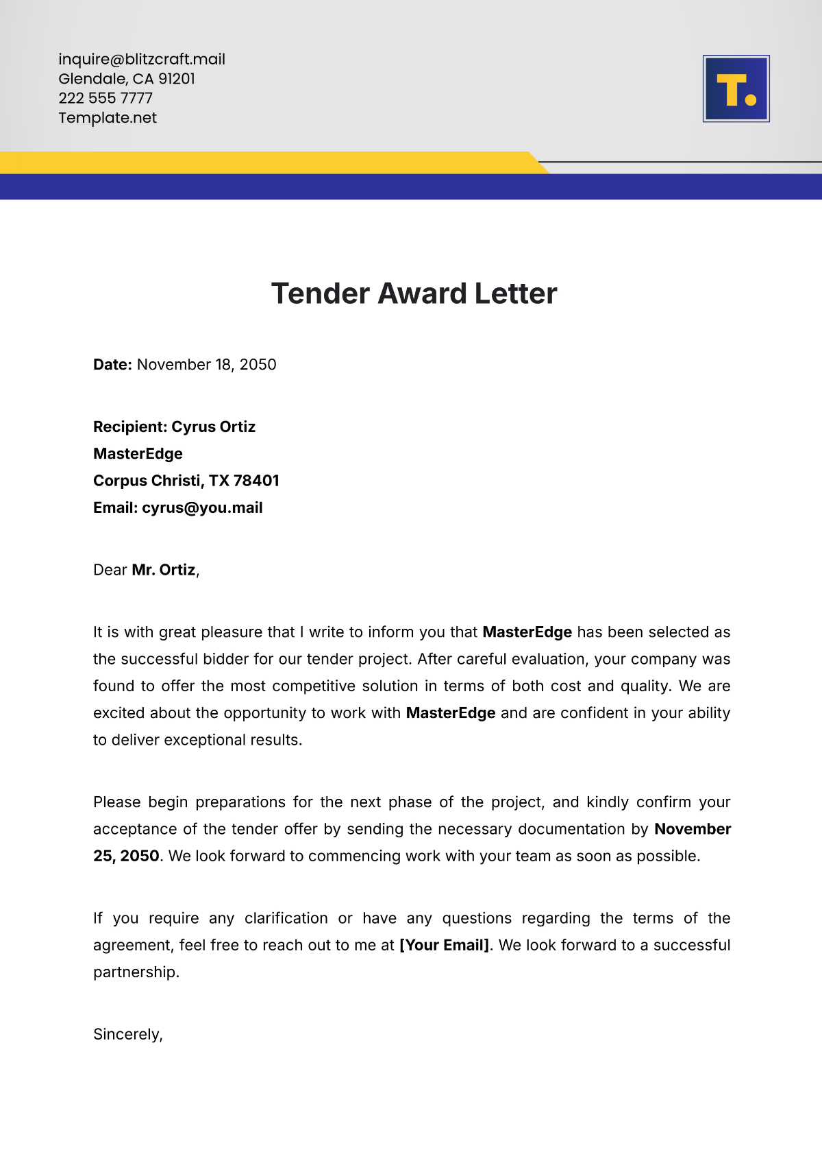 Tender Award Letter Template - Edit Online & Download