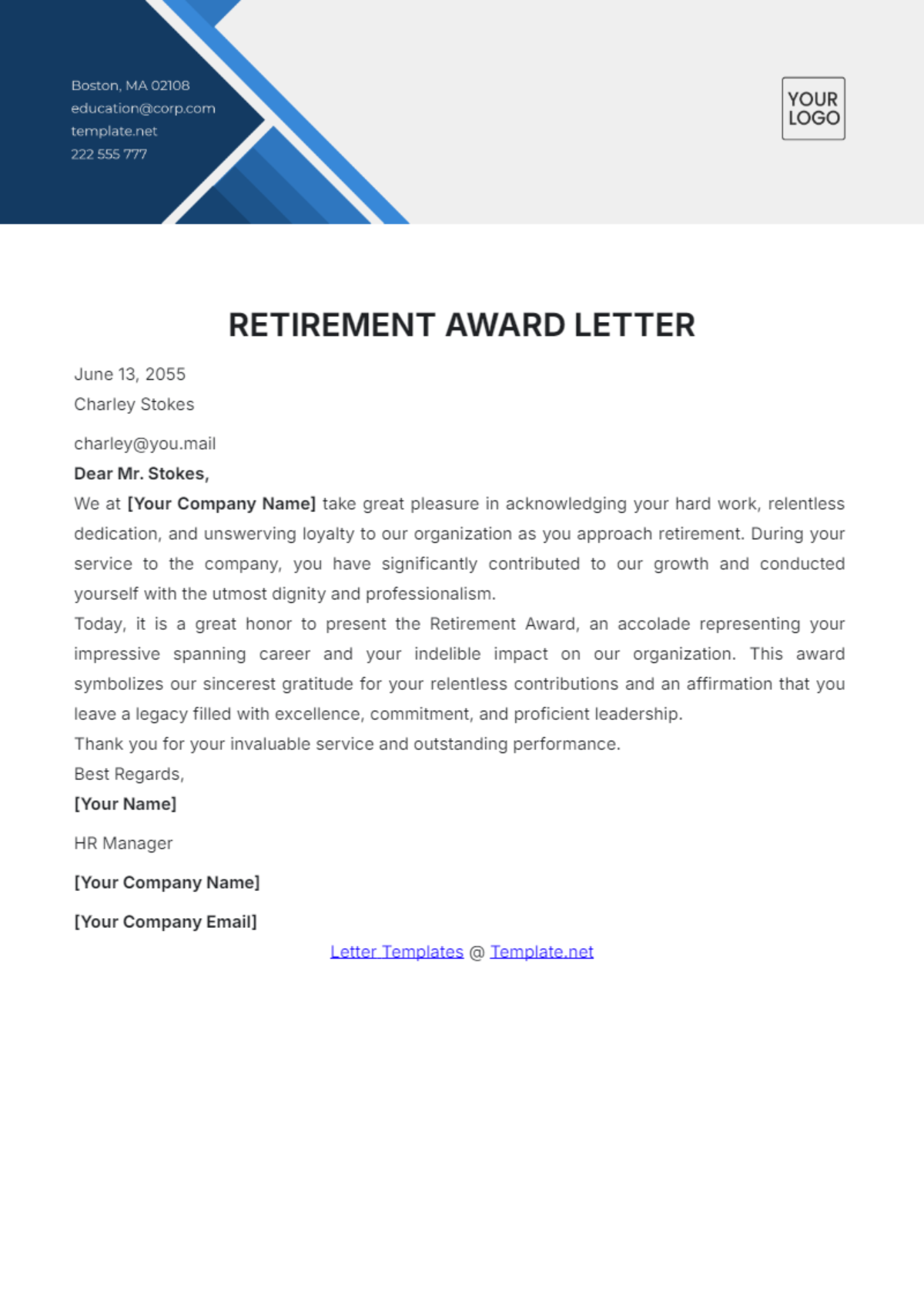 Retirement Award Letter Template - Edit Online & Download