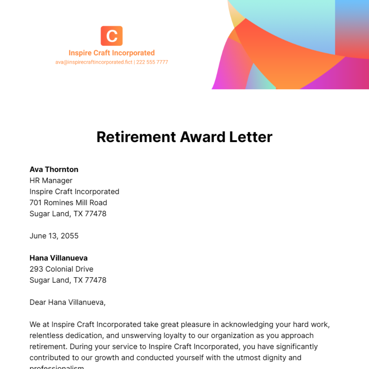 Retirement Award Letter Template