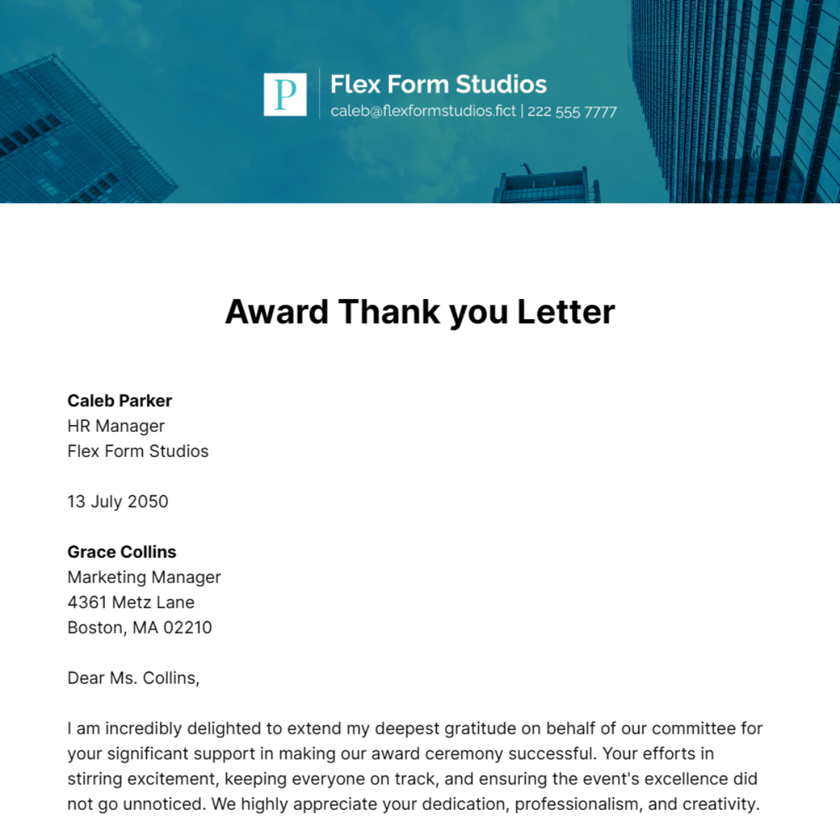 Award Thank you Letter Template