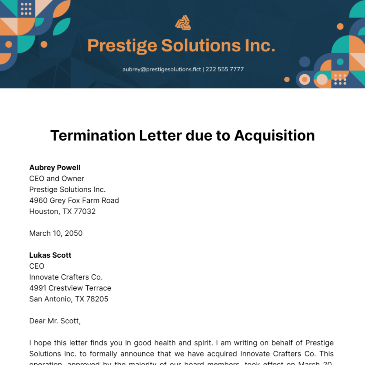 Free Termination Letter due to Acquisition Template