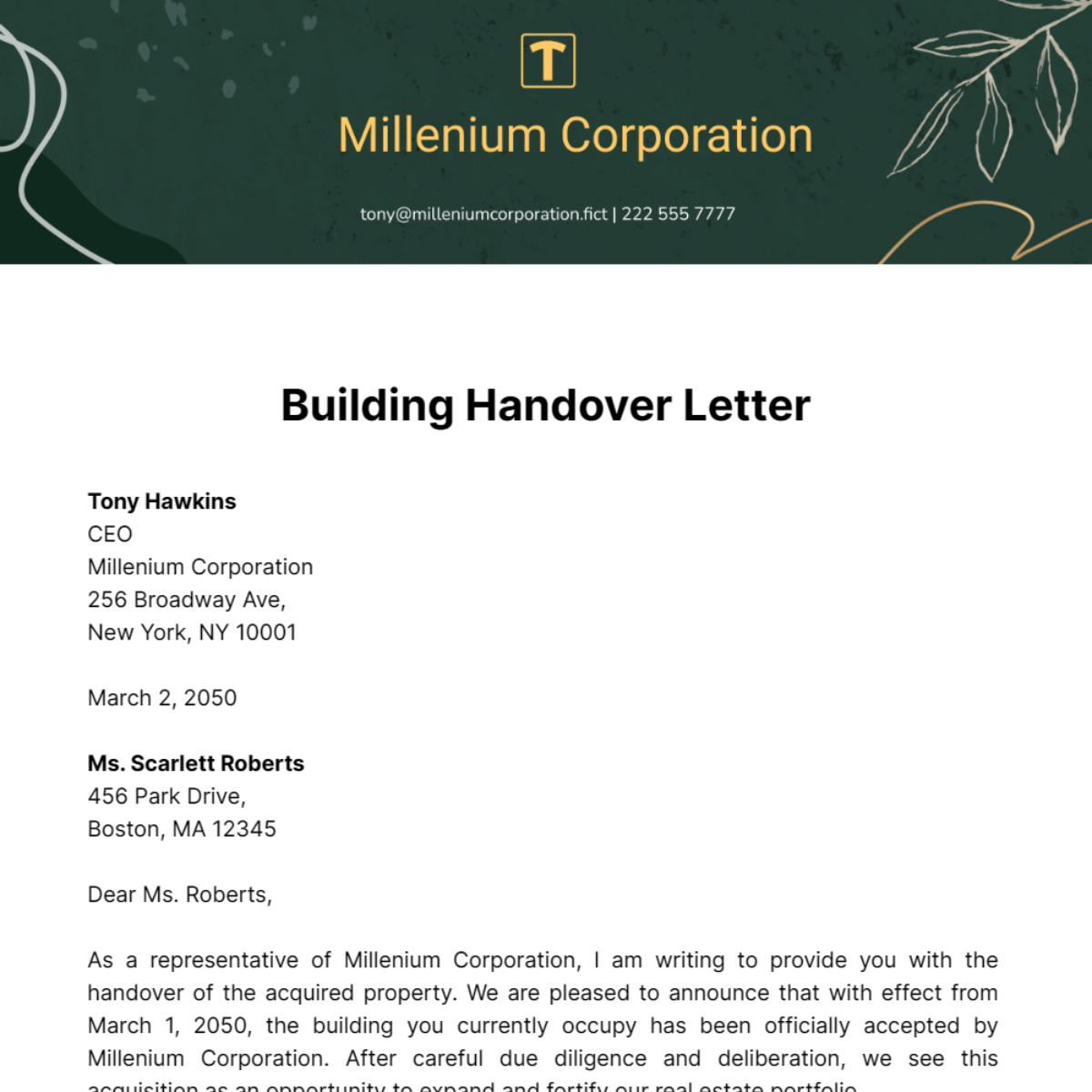 Building Handover Letter Template