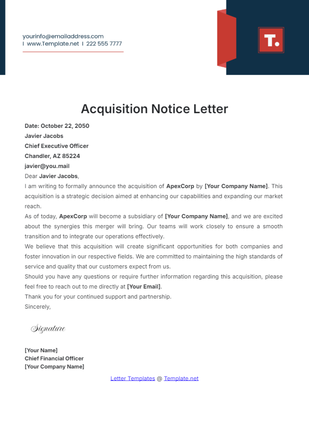 Notice of Acquisition Letter Template - Edit Online & Download