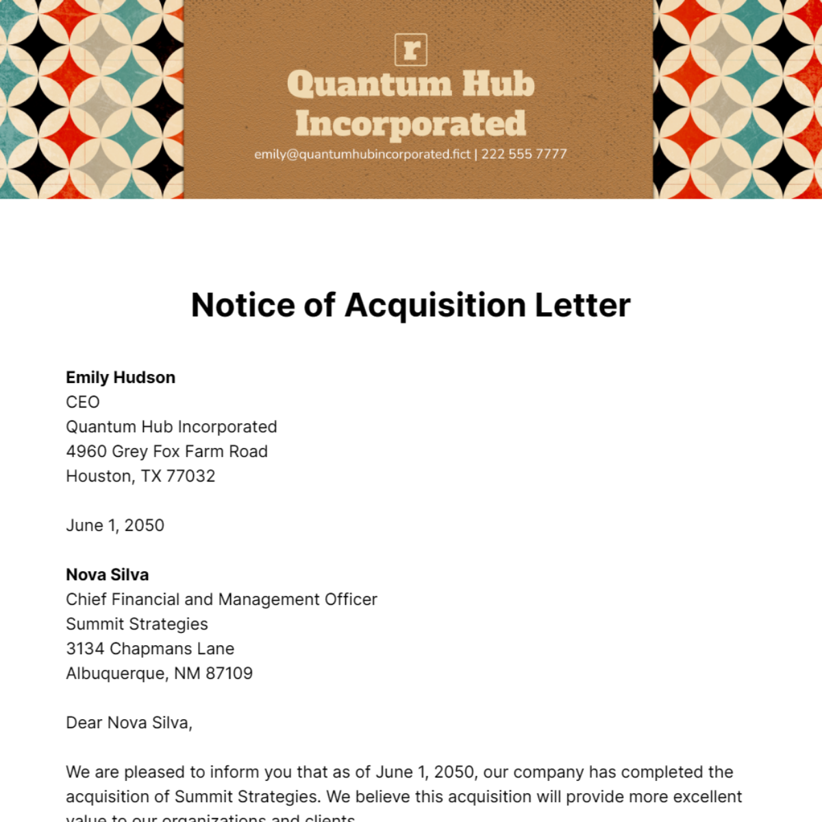Notice of Acquisition Letter Template