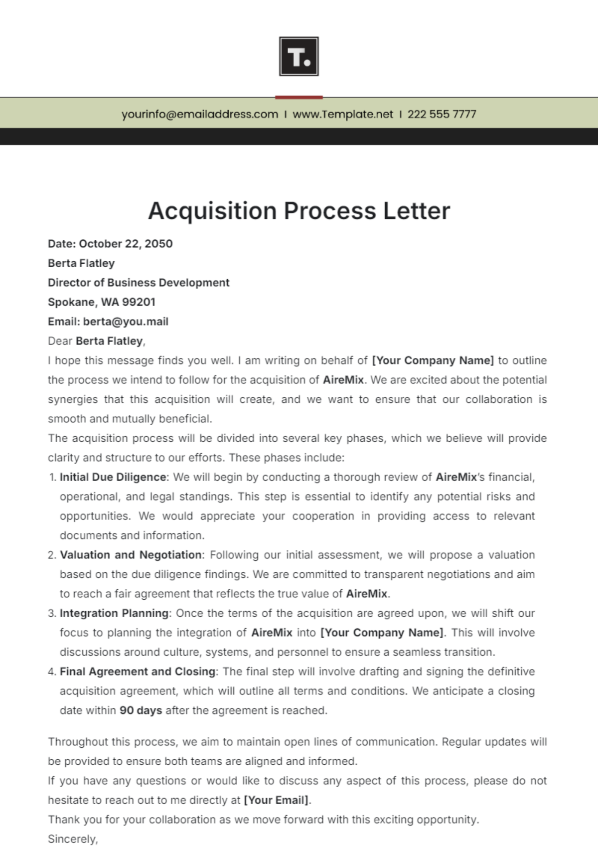 Acquisition Process Letter Template