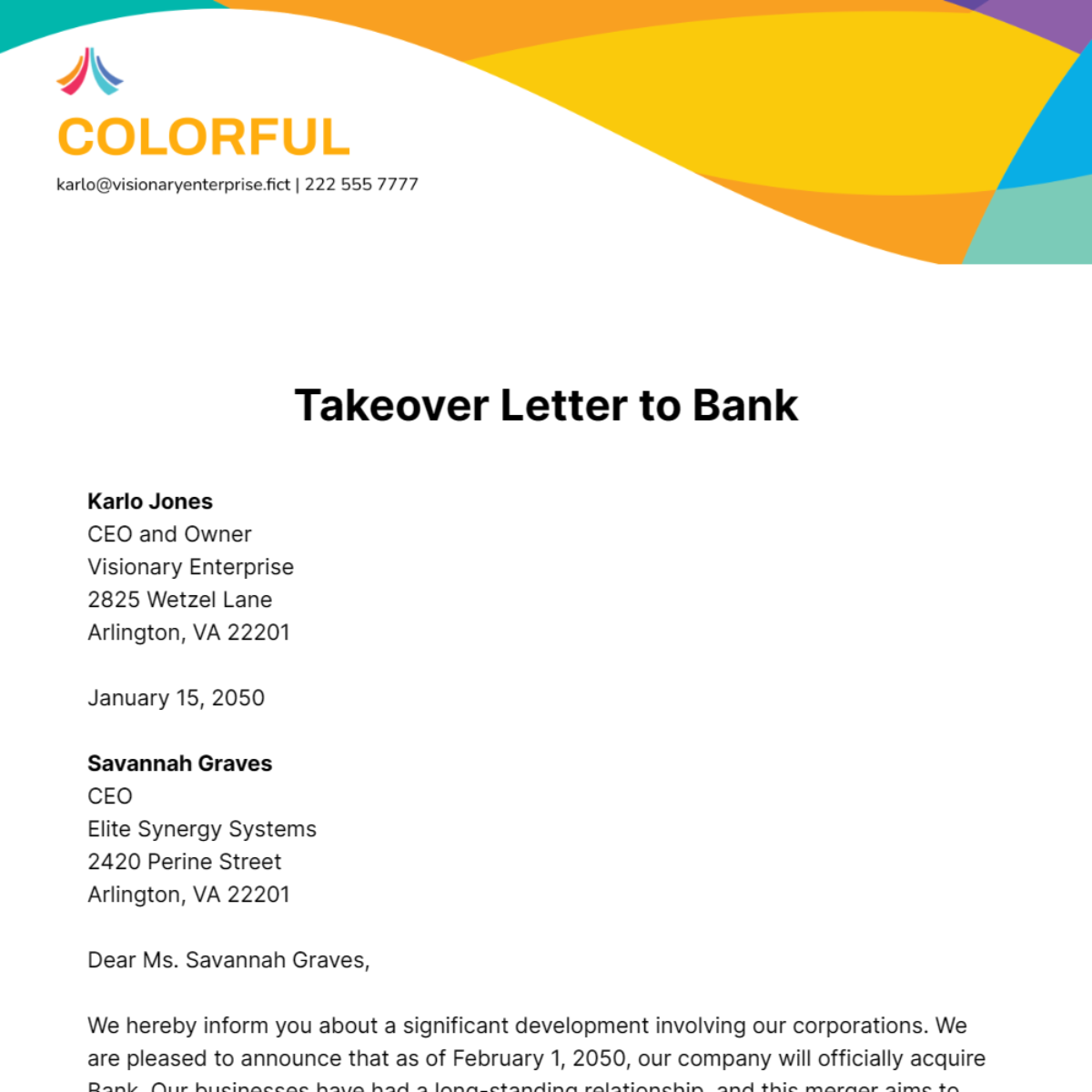 Free Takeover Letter to Bank Template
