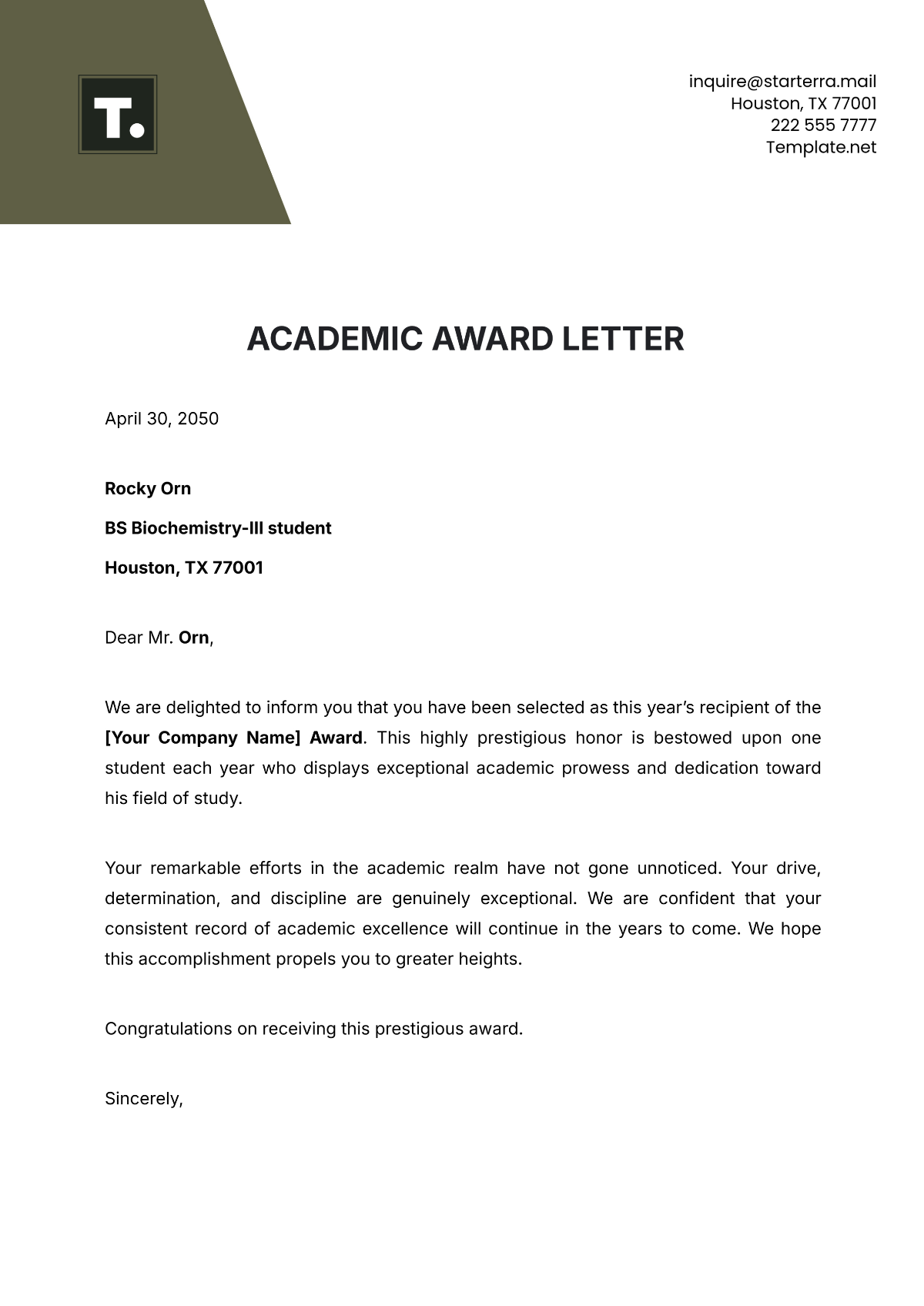 Academic Award Letter Template - Edit Online & Download