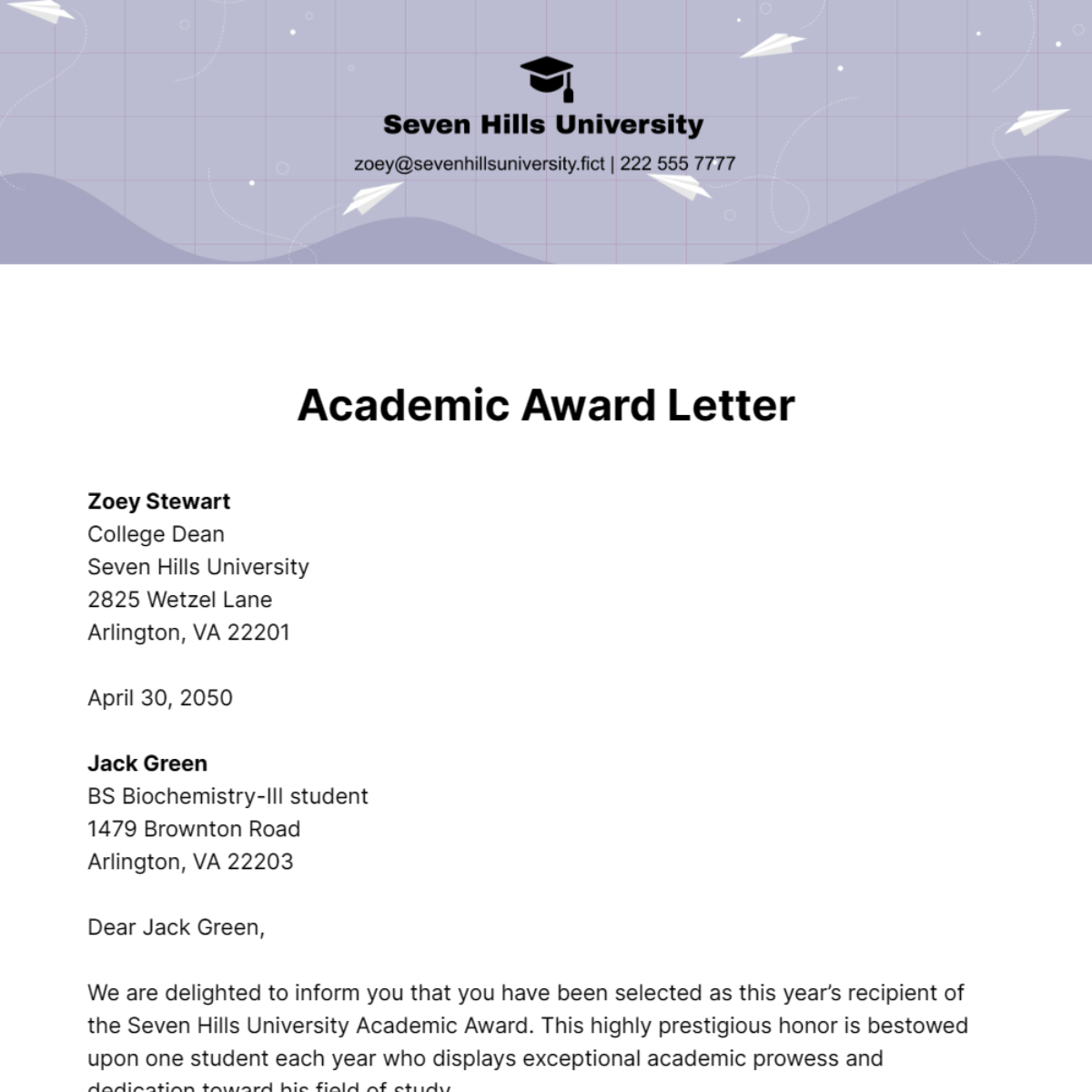 Academic Award Letter Template