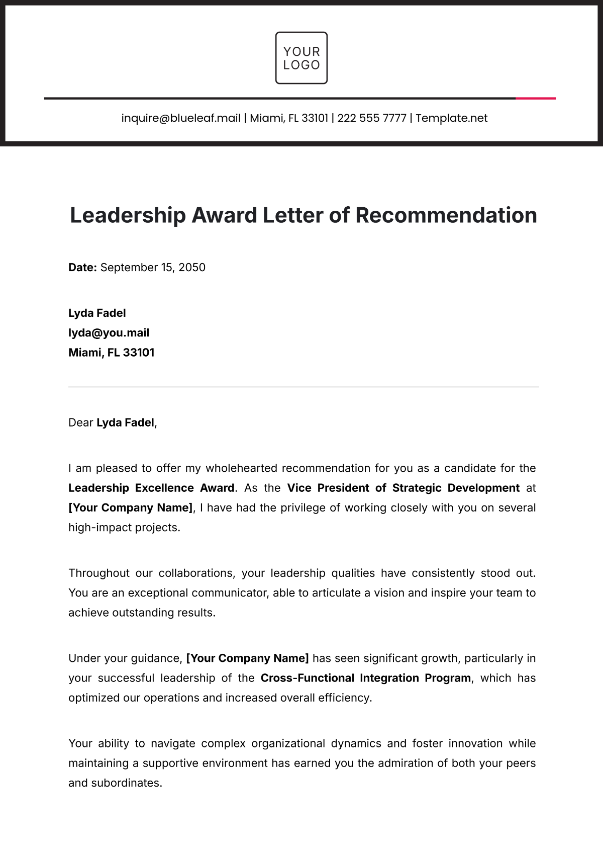 Leadership Award Letter of Recommendation Template - Edit Online & Download