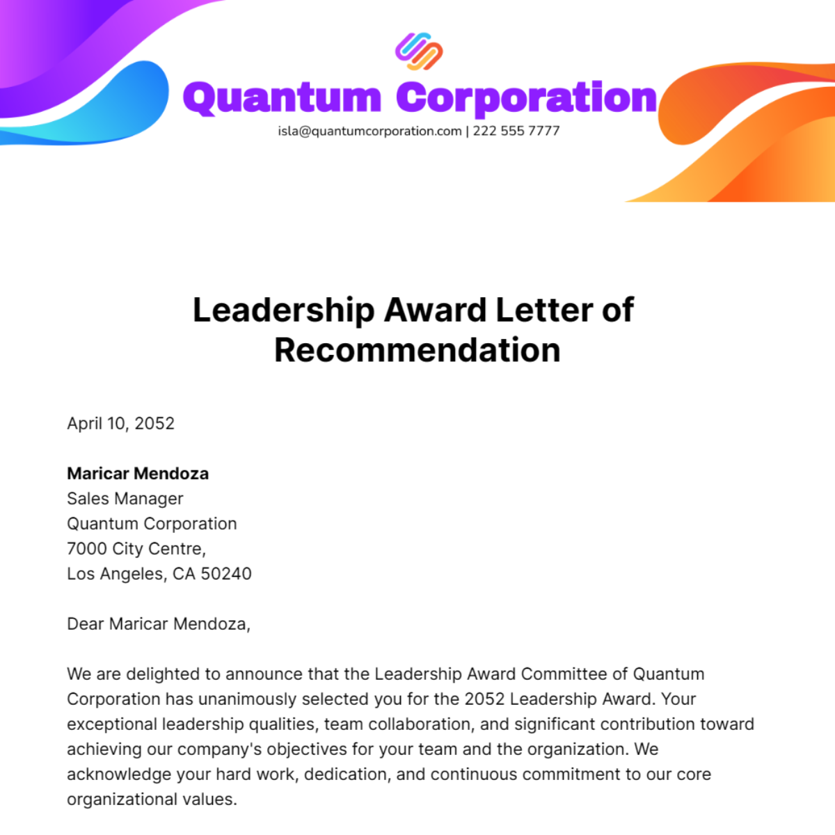Leadership Award Letter of Recommendation Template
