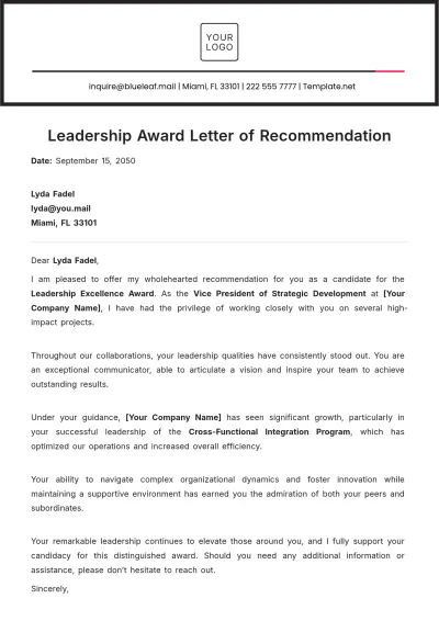 Free Leadership Award Letter of Recommendation Template to Edit Online