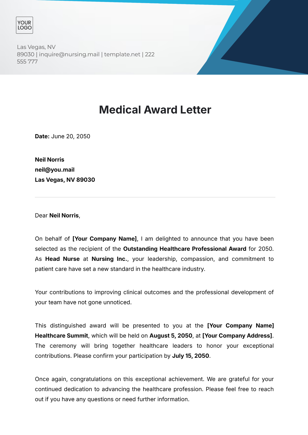 Medical Award Letter Template - Edit Online & Download