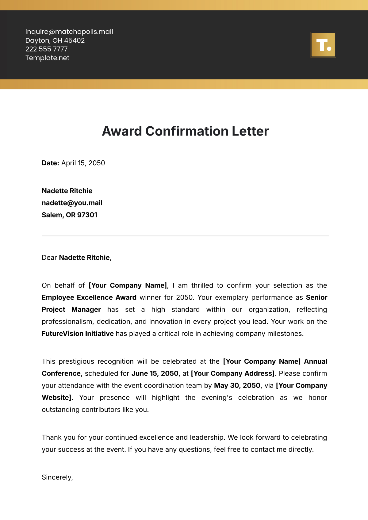 Award Confirmation Letter Template - Edit Online & Download