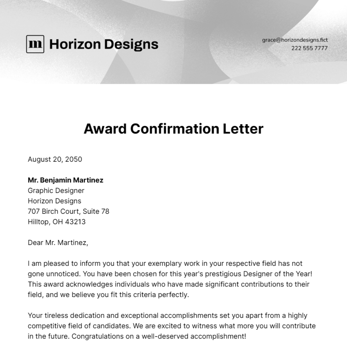 Award Confirmation Letter Template