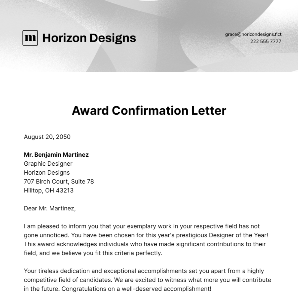 Award Confirmation Letter Template Edit Online Download Example 