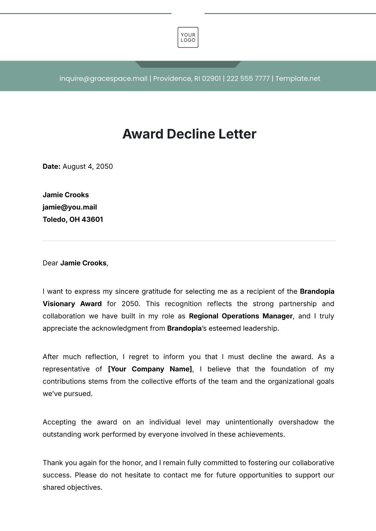 Award Decline Letter Template - Edit Online & Download