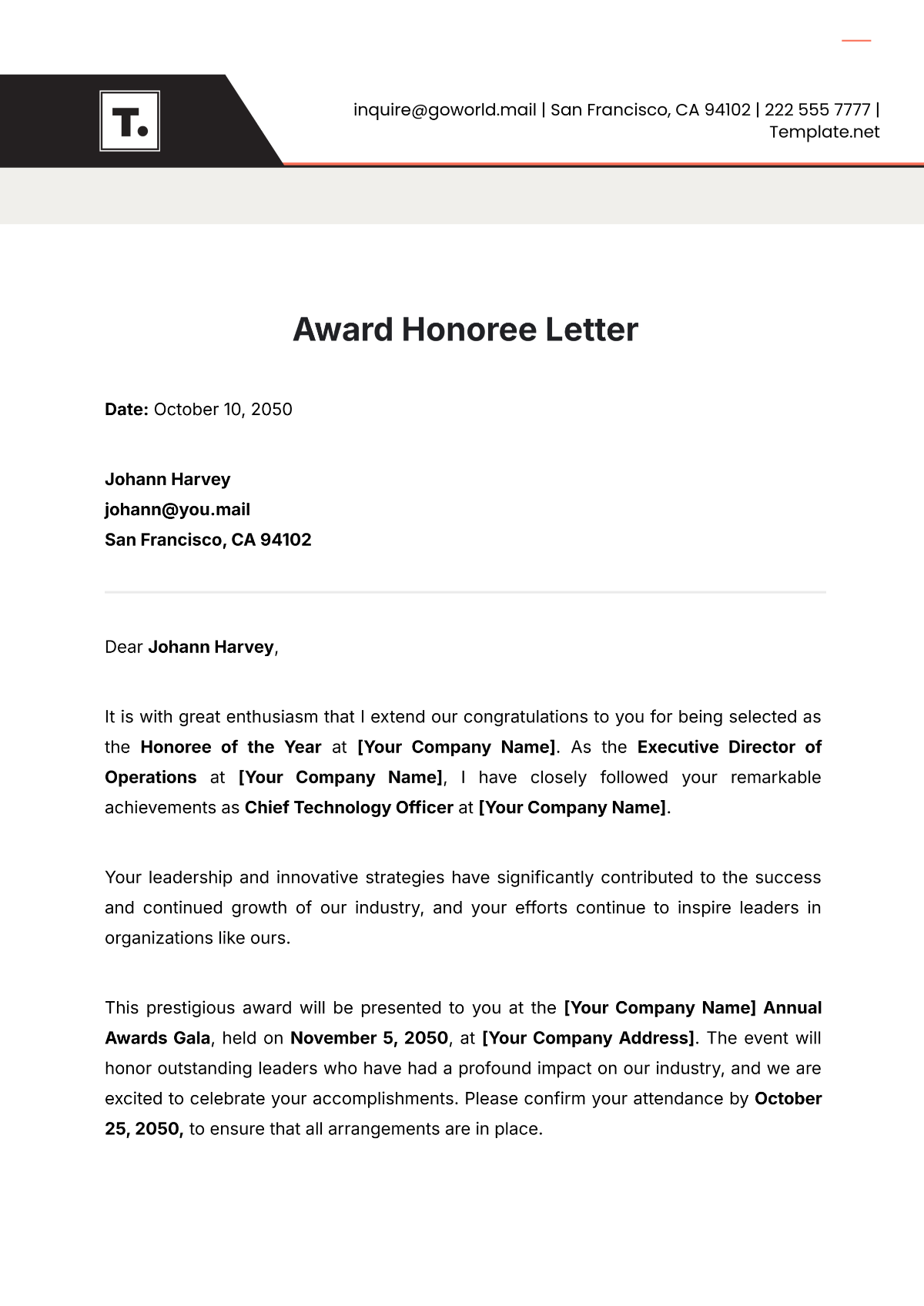 Award Honoree Letter Template - Edit Online & Download