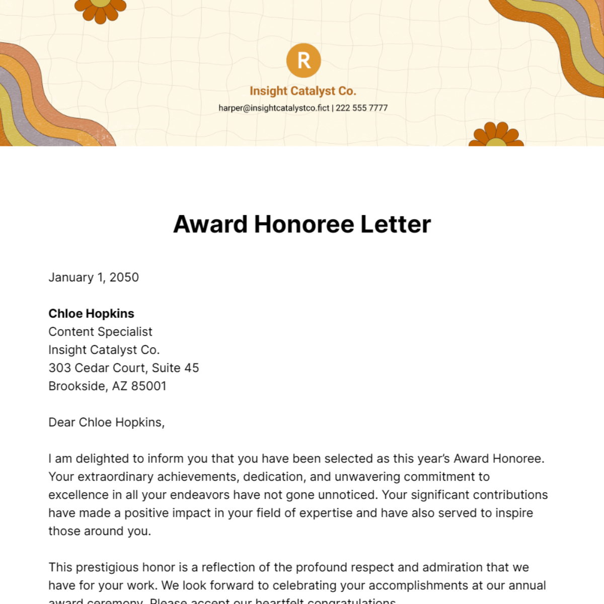 Award Honoree Letter Template