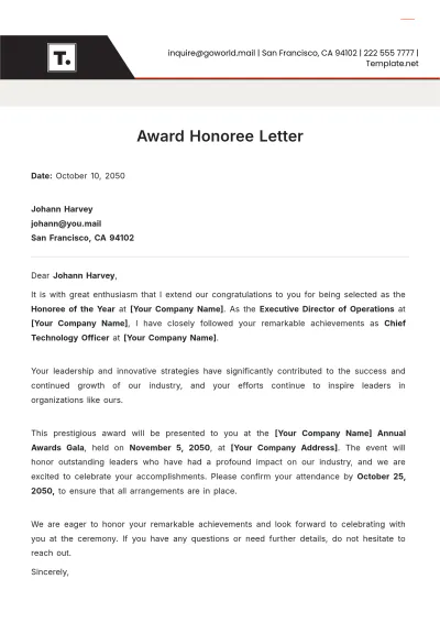 Free Award Honoree Letter Template to Edit Online