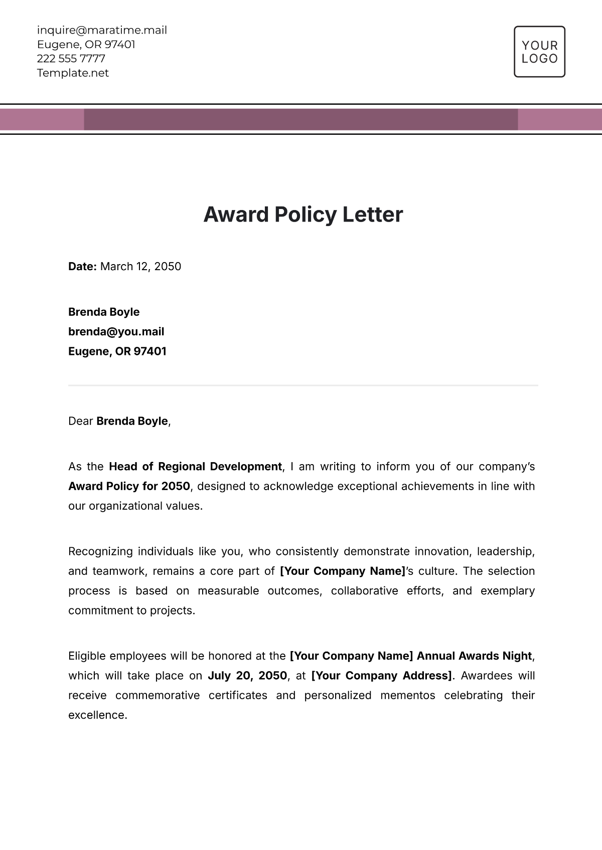 Award Policy Letter Template - Edit Online & Download