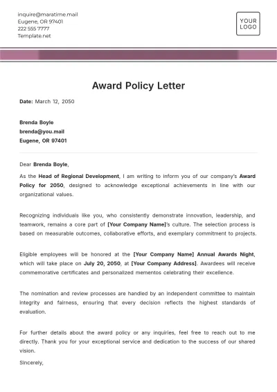Free Award Policy Letter Template to Edit Online