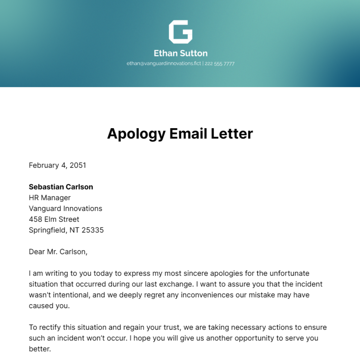 Apology Email Letter Template