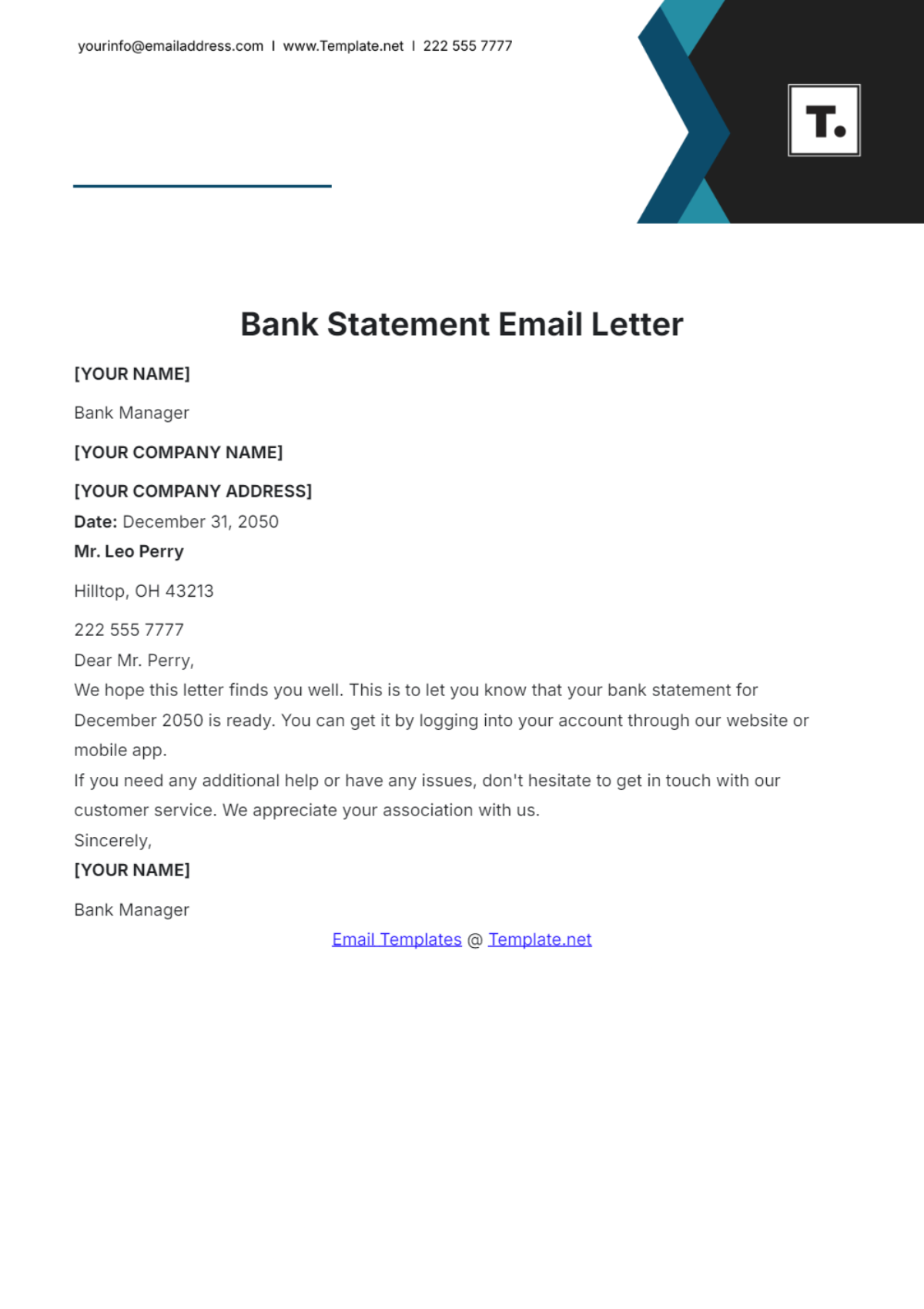 Bank Statement Email Letter Template