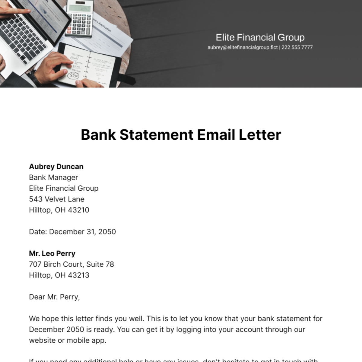 Bank Statement Email Letter Template