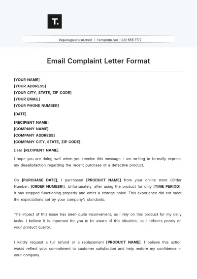 Free Email Complaint Letter Format Template to Edit Online