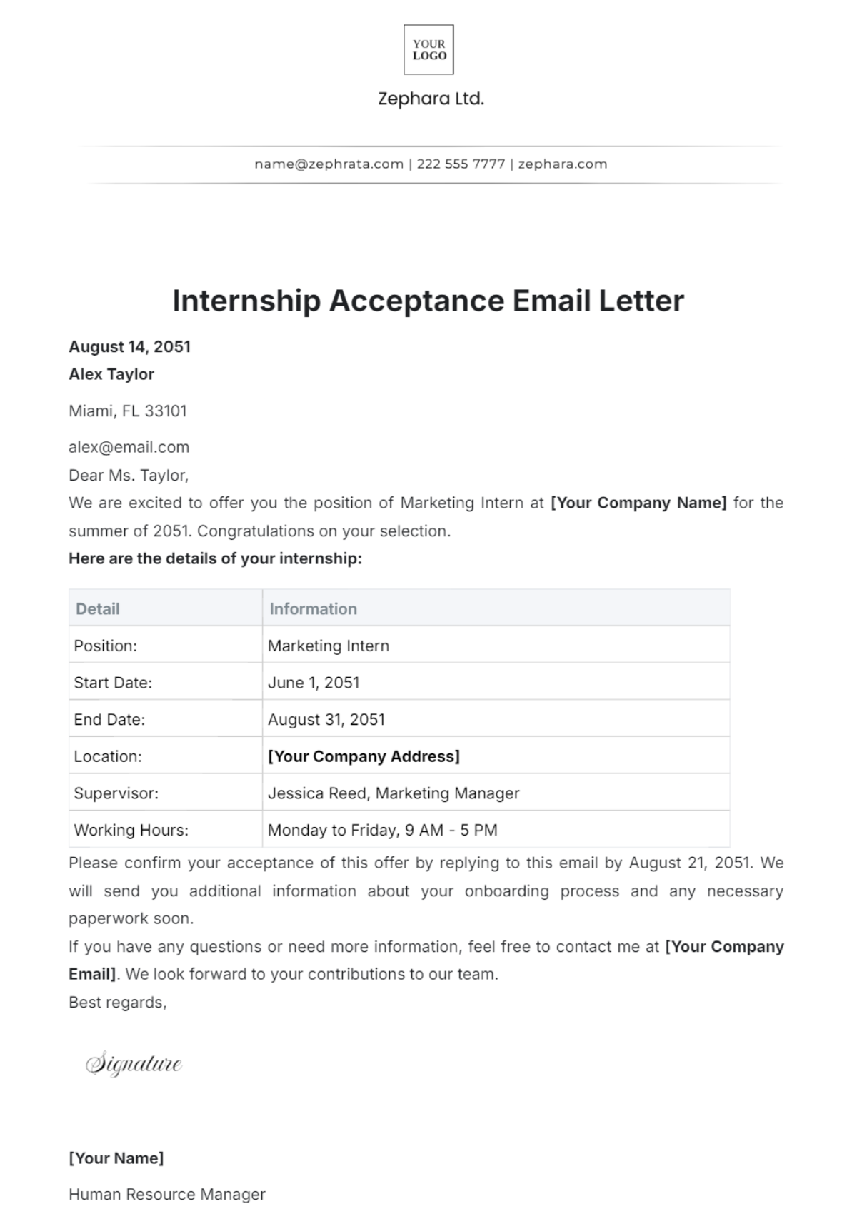 Internship Acceptance Email Letter Template - Edit Online & Download