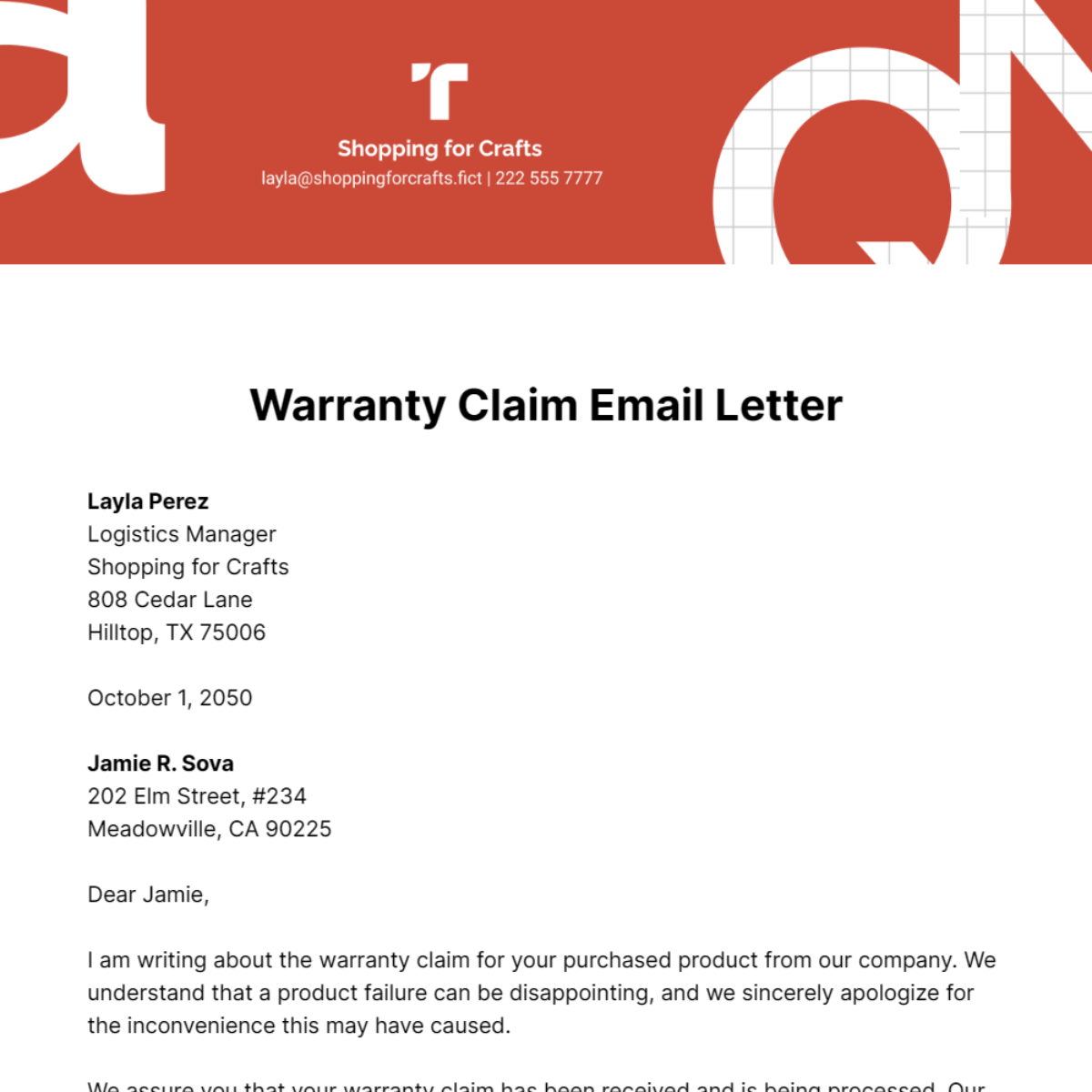 Warranty Claim Email Letter Template