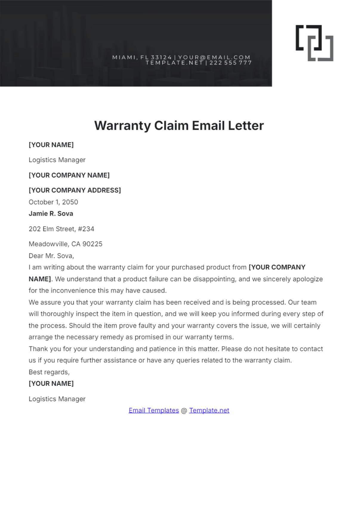 Warranty Claim Email Letter Template