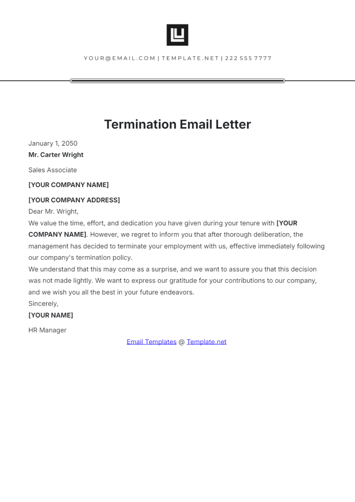 Termination Email Letter Template