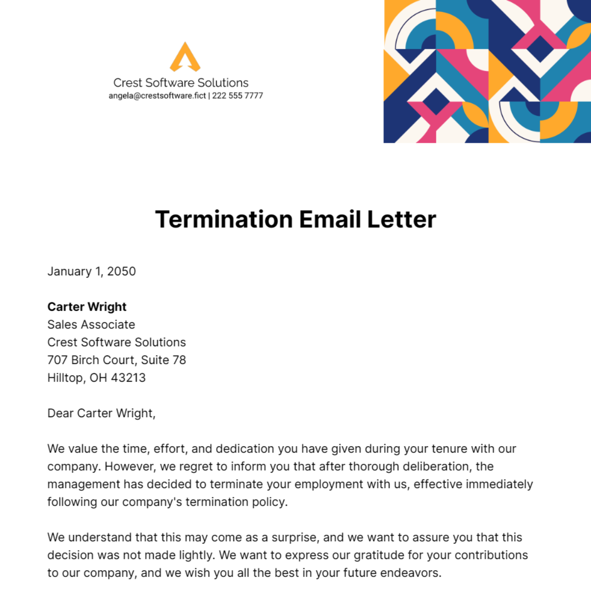 Termination Email Letter Template