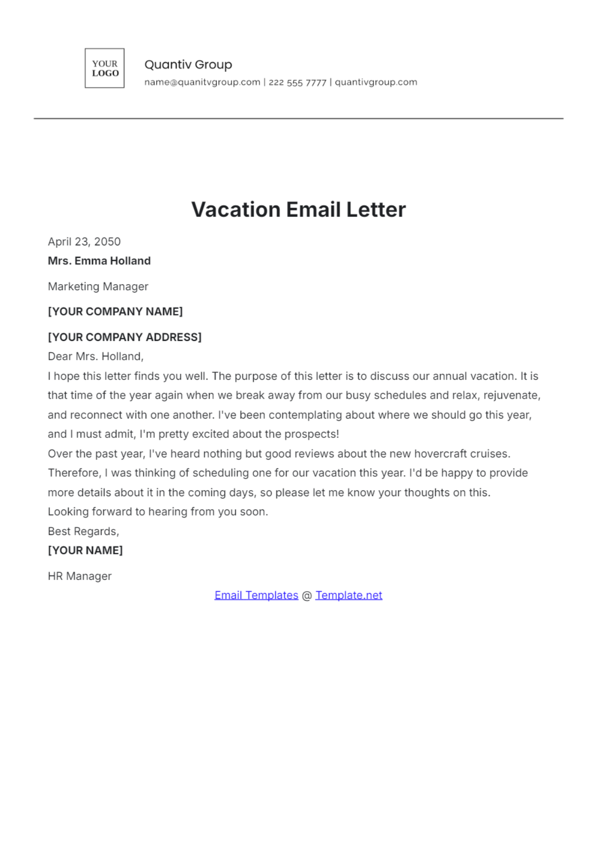 Vacation Email Letter Template